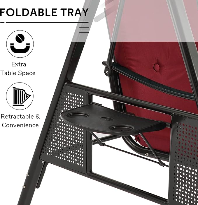 U-MAX 3-Seat Porch Swing Chair Steel Frame, Patio Swing Chair with Stand and Removable Cushions, Outdoor Canopy Swing Chair for Outside, Backyard, Garden, Burgundy Cushion