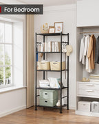 Storage Shelves - 5-Tier Large Capacity Shelf Organizer with Hooks, Heavy-Duty Garage Shelving with Leveling Feet, Wobble-Free Rack for Bedroom, Balcony, Garage, 18.1"×12.4"×56.8", Black