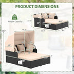 ORALNER Outdoor Daybed, 2-Person Wicker Patio Sofa with Retractable Canopy, Cushions & Pillows, 2 Side Trays, PE Rattan Double Sunbed Lounger for Deck Poolside Backyard Garden Balcony (Khaki)