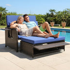 VINGLI Patio Daybed, Wicker Outdoor Daybed with Storage Ottoman & 5-Level Adjustable Backrest, All-Weather Rattan Cushioned Patio Loveseat Sofa for Garden Balcony Backyard (Navy, Brown)