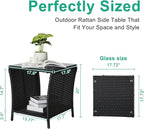 VINGLI Outdoor Wicker Side Table Patio Side Tables for Outside, Tempered Glass Top Wicker Table with Storage End Table for Balcony Porch Deck (Black)