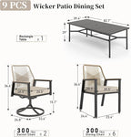 Patio Dining Set 9 Piece, 6 Woven Rattan Fixed Chairs and 2 Swivel Chairs with Waterproof Cushion, 83" Metal Rectangular Table with Umbrella Hole, Outdoor Table Set for Backyard Lawn Deck, Beige