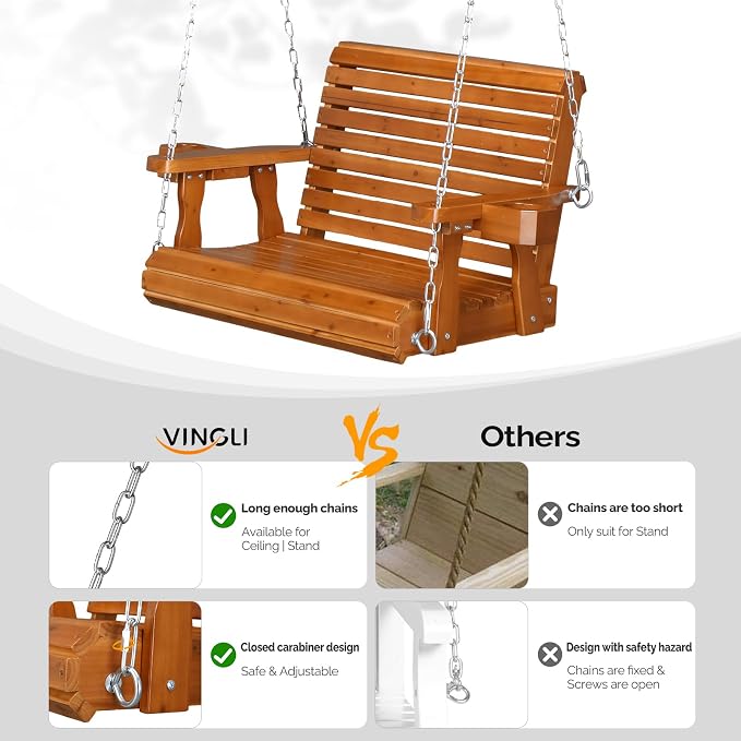 Porch Swing for 1 in Brown Pine, 440 lb Capacity, Adjustable Chains