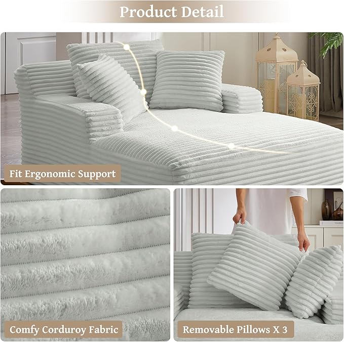 66" Chaise Lounge Chair Indoor, Oversized Boneless Couch Comfy Upholstered Sleeper Sofa Bed with 3 Pillows, Corduroy Cloud Reading Chair for Living Room No Assembly Required, Light Grey