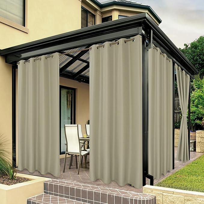 BONZER Waterproof Outdoor Curtains for Patio Porch Pergola Cabana Light Filtering Privacy Grommet Indoor Curtain Panels for Bedroom Living Room, 1 Panel, 84W x 95L inch, Taupe