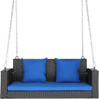 Outvita Porch Swing 2 Person Hanging Bench, Wicker Outdoor Swing Bench with Cushion and Pillow for Patio, Yard, Garden Hold Up to 800 lbs (Blue)
