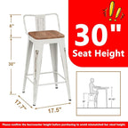 WENTMENT Bar Stools Set of 4 Counter Height Bar Stools Metal Barstools with Removable Back 30" Kitchen Bar Stools with Wooden Seat, Distressed White