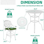 VIVIJASON 3-Piece Patio Swivel Bar Stools Set, All Weather Cast Aluminum Outdoor Bar Height Bistro Set with 2 Cushioned Bar Chairs & 35.4" High Bar Table w/Umbrella Hole for Backyard, Lawn, White