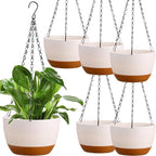 Mumufy 6 Pcs 8 Inch Hanging Planter for Indoor and Outdoor Plants Plastic Hanging Flower Pots with Drainage Hole and Removable Saucer Hanging Plant Holder Plant Hanging Basket (White)