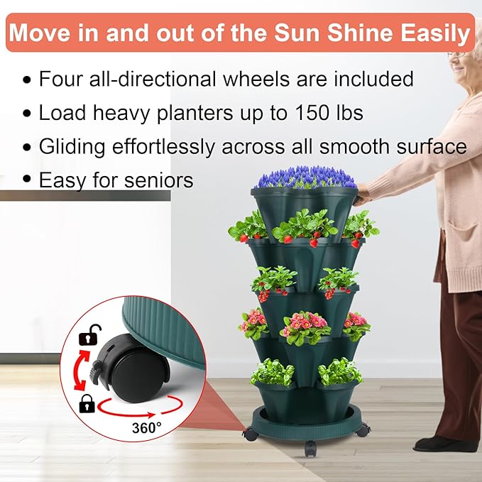 DUNCHATY Stackable Planter, Vertical Garden Planter with Wheels and Tools, Strawberry Indoor/Outdoor 5 Tier Tower Herb for Growing Vegetables Succulents, Dark Green, 2 Pack