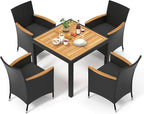 Tangkula 5 Pieces Rattan Outdoor Dining Set for 4, Outdoor Acacia Wood Table Set with 4 Cushioned Wicker Chairs, Umbrella Hole, Patio Dining Furniture Set for Deck Pool Backyard