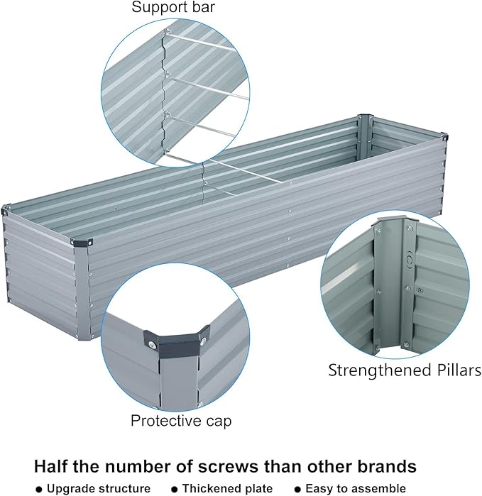 2 Pack 12x4x1FT Galvanized Raised Garden Bed Kit, Outdoor Metal Planter Box for Vegetables, Bottomless Rectangular Gardening Bed with Support Rods, Tool-Free Assembly, Gray