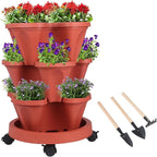 GameXcel Vertical Planter 3 Tier Stackable Planters Garden Planters Strawberry Herb Flower and Vegetable Planter Indoor Outdoor Gardening Pots with Removable Wheels and Tools
