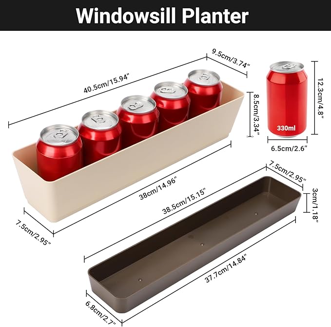 GREANER Indoor Windowsill Planter Boxes, 6 Pack 16 x3.8 Inch Rectangle Succulent Cactus Window Box with Tray, Modern Plastic Plant Pots for Porch, Patio, Garden Balcony, Home Office Outdoor Decoration