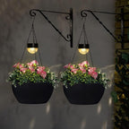 BAYN 2 Packs Solar Hanging Basket Planters for Plants Outdoor, Self Watering Black Flower Plants Pots with Solar Light Drainer for Balcony Patio Garden Outdoor Decoration