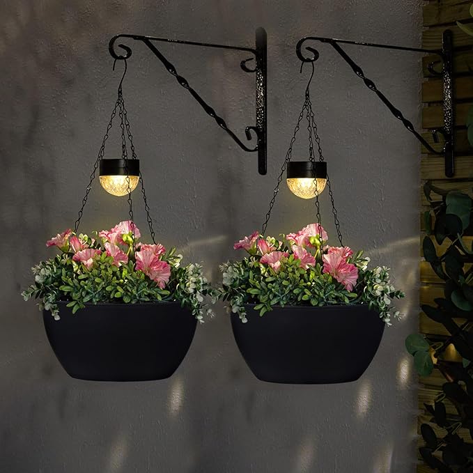 BAYN 2 Packs Solar Hanging Basket Planters for Plants Outdoor, Self Watering Black Flower Plants Pots with Solar Light Drainer for Balcony Patio Garden Outdoor Decoration