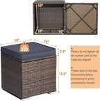 RELAX4LIFE Wicker Outdoor Storage Ottoman, 2-Piece Rattan Footstool w/Removable Cushion, Multipurpose Footrest Stool Side Table Additional Seating, Set of 2 Outdoor Ottomans for Patio Deck (Navy)