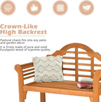 COSTWAY Folding Wooden Bench Outdoor, Crown-Like High Backrest, Patio Eucalyptus Wood Bench for Garden, Park & Porch