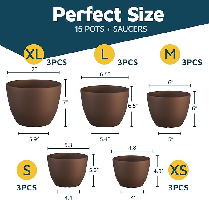 Brown Plant Pots with Drainage Holes & Saucers 15 Pack, Indoor & Outdoor Stackable Space-Saving Planters for Houseplants & Flowers, (7", 6.7", 6", 5.3", and 4.8" Inches), Durable & Weatherproof