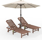 SERWALL Outdoor Chaise Lounge Set of 2 with 9FT Umbrella, HDPE Pool Lounge Chair with 5-Position Adjustable Backrest, Patio Lounger with Rolling Wheels & Cup Holder for Pool, Brown