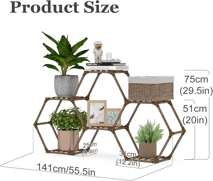 Tikea Plant Stand Indoor Hexagonal Plant Stand for Multiple Plants Indoor Outdoor Large Wooden Plant Shelf Creative DIY 6 Tiered Flowers Stand Rack for Living Room Balcony Patio Window