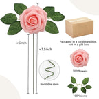 Artificial Pink Roses, 200 Pieces with 100 Leaves, Wired Stems