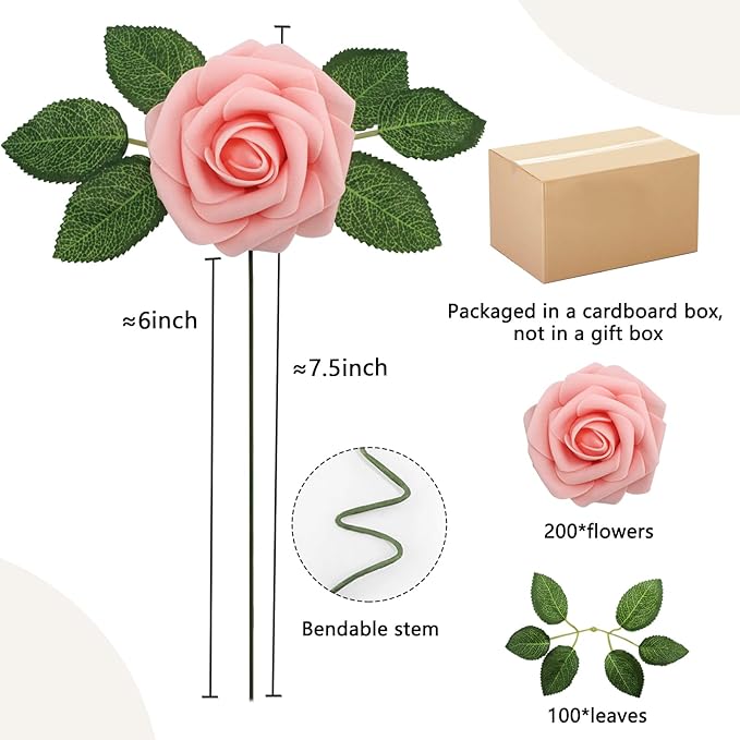 Artificial Pink Roses, 200 Pieces with 100 Leaves, Wired Stems