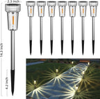 DERAYSION 12 Pack Solar Pathway Lights Outdoor, Auto Dusk-to-Dawn Landscape Garden Lighting, Waterproof Stainless Steel Pole Lighting for Path, Yard, Walkway, Garden, Driveway