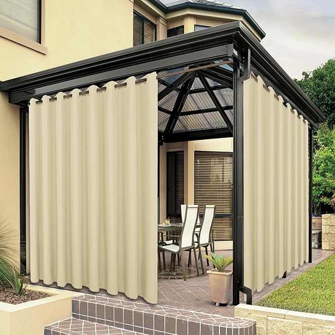 BONZER Extra Wide Waterproof Outdoor Curtains for Patio Heavy Privacy Light Filtering Grommet Outside Curtains for Porch, Pergola, Gazebo, 1 Panel, 150W x 84L inch, Cream
