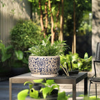 SQOWL 10 Inch Plant Pot Indoor - Ceramic Planter with Drainage Hole and Tray, Large Ceramic Flower Pots Outdoor, Porcelain Decorative Round Planter, Room Decor, Gifts for Plant Lovers, Blue and Beige