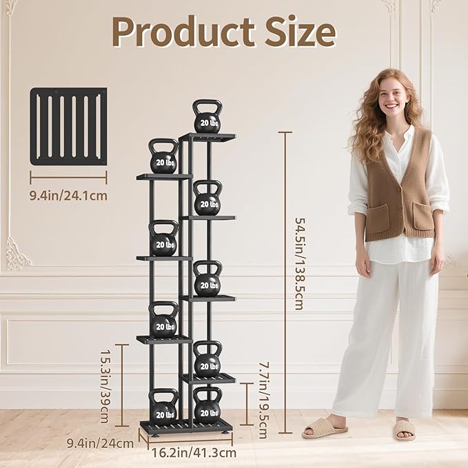 LASZOLA 7 Tier Plant Stand Indoors Outdoors for Large Heavy Duty Planter, Black Metal Tall Flower Holder Rack with Multiple Shelf for Modern Patio Corner, Vertical Organizer, Weather Resistant Bracket