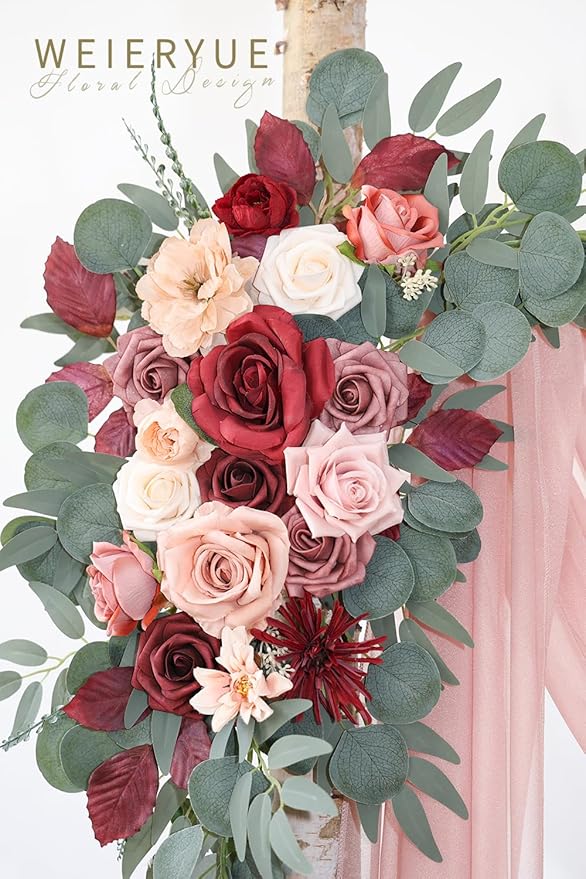 Artificial Flowers Arch Swag Kit with Chiffon Drape, Cream Red, 3-Piece