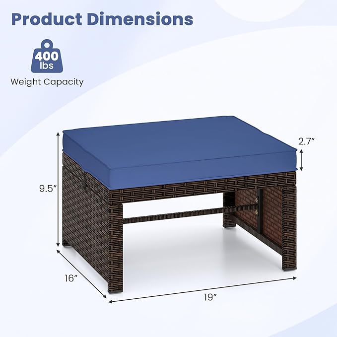 Tangkula 2 Pieces Patio PE Rattan Ottomans, Multipurpose Outdoor Footstool Footrest Additional Seating Side Table with Soft Zippered Cushions for Deck, Garden, Poolside and Yard (Navy Blue)