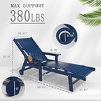 Patio Chaise Lounge Chair, Oversized Lounge Chair Outdoor with 5 Positions, HDPE, Patio Lounge Chair with Wheels & Cup Holder for Pool, Deck, Poolside,Navy Blue