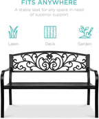 Best Choice Products Outdoor Bench Steel Garden Patio Porch Furniture for Lawn, Park, Deck w/Floral Design Backrest, Slatted Seat - Black