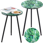 Metal Outdoor Side Tables Set of Two Small Outside Round End Table for Patio Modern Accent Garden Corner Table for Small Spaces, Balcony, Porch, Weather-Resistant, Plant Stand Indoor, Green Leaves