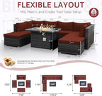 NICESOUL 9 Piece Extra Large Outdoor Patio Furniture Set with Firepit Table Natural Gas/Propane, 29.3'' High Back Gray Wicker Sectional Sofa, Deep Sitting Conversation,2 Color Cushion Burgundy & Gray