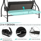 U-MAX Porch Swing Chair with Adjustable Backrest&Canopy, 3 Seat Patio Swing with Canopy 2-in-1 Convertible Outdoor Swing with Canopy Patio Daybed with Removable Black Cushions for Adults