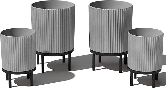 Veradek Demi Series Round Planter w/Stand for Porch/Patio | Durable Plastic-Stone Composite & Wooden Stand | Modern Décor for Tall Plants, Flowers