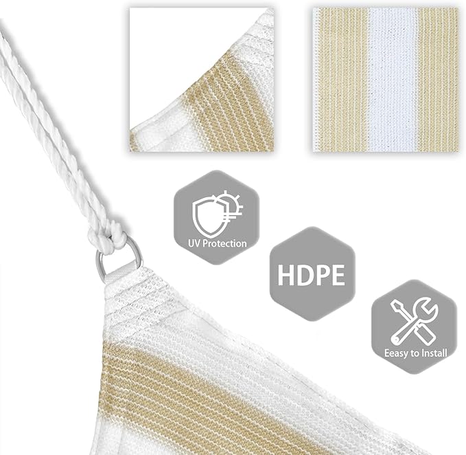 Patio Paradise 20' x 20' x 20' Sun Shade Sail Triangle Canopy Shade Cloth Fabric Sunlight Block Patio Pergola Cover HDPE Deck Awning for Outdoor Backyard Roof Shading, Beige White Strip