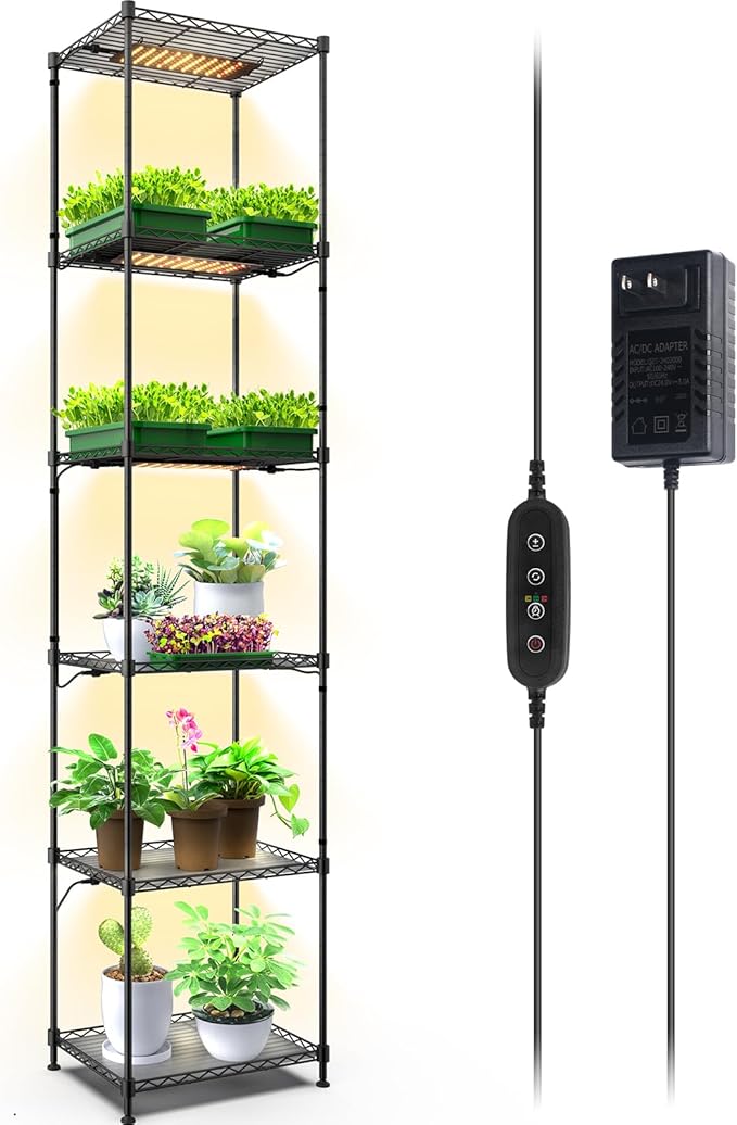 Barrina CX83 Plant Stand with Grow Lights, 6-Tier Plant Shelf with 10W Full Spectrum Ultra-Thin Grow Light Panel, 3 Modes, Auto Timer, Ladder Flower Pot Stand Display Rack 15.7" L x 11.8" W x 70.9" H