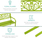 Best Choice Products Outdoor Bench Steel Garden Patio Porch Furniture for Lawn, Park, Deck w/Floral Design Backrest, Slatted Seat - Lime Green