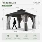 Aoxun 12'x12' Hardtop Gazebo, Aluminum Frame Canopy with Double Galvanized Steel Roof, Outdoor Metal Pavilion with Netting, Curtains for Backyard, Patio and Deck