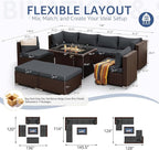 NICESOUL 8 Seat Extra Large Patio Furniture Set with Firepit Table Natural Gas/Propane, 29.3'' High-Back Luxury Outdoor Sectional Conversation Sets for 6 People, Brown Rattan and Dark Grey Cushion
