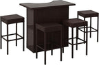 Outsunny 5 Pcs Rattan Wicker Bar Set, High Top Outdoor Table and Chairs, Bar Height Patio Set with Glass Table Top 2 Tier Storage Shelf, and 4 Bar Stools for Garden, Poolside, Dark Brown