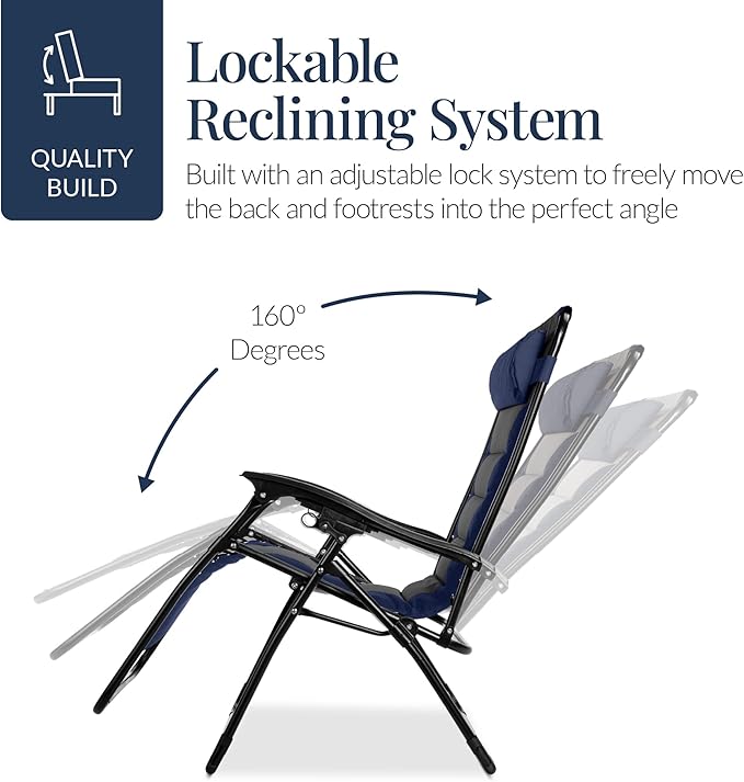Best Choice Products Oversized Padded Zero Gravity Chair, Folding Outdoor Patio Recliner, XL Anti Gravity Lounger for Backyard w/Headrest, Cup Holder, Side Tray, Polyester Mesh - Navy/Gray