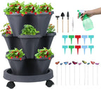Vertical Planter 3 Tier Stackable Planters Garden Planters Strawberry Herb Flower and Vegetable Planter Indoor Outdoor Gardening Pots with Removable Wheels and Tools