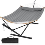 Outdoor Hammock with Stand Included, Heavy Duty Hammock with Curved Spreader Bar, Pillow and Portable Bag, 450 Lbs Capacity, Grey