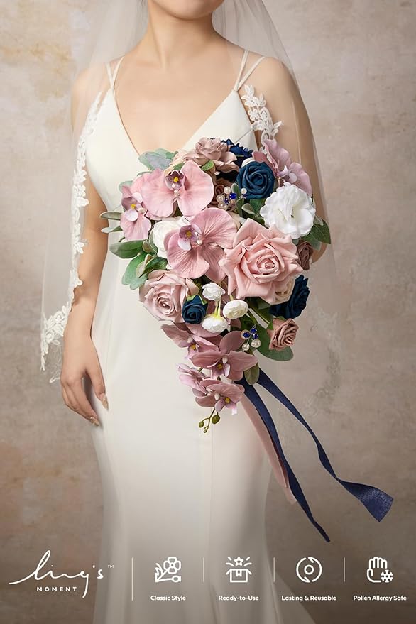 Artificial Bridal Cascade Bouquet, Dusty Rose and Navy, Pearls and Crystals