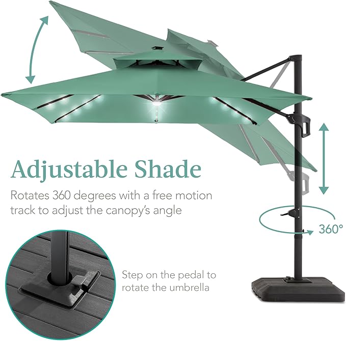Best Choice Products 10x10ft Cantilever Patio Umbrella w/Base Included, Solar LED Lights 360 Rotation Large Offset Hanging Outdoor Shade for Deck Pool Backyard w/Stand – Seaglass